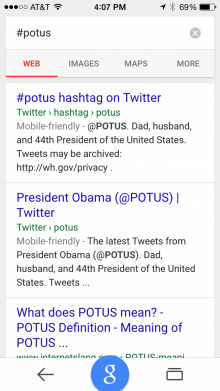 Results of a Google search on #POTUS